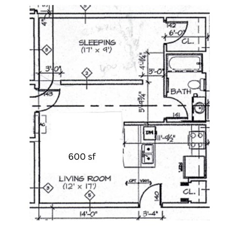 Floor plan for 1 bed, 1 bath, 600 sqft